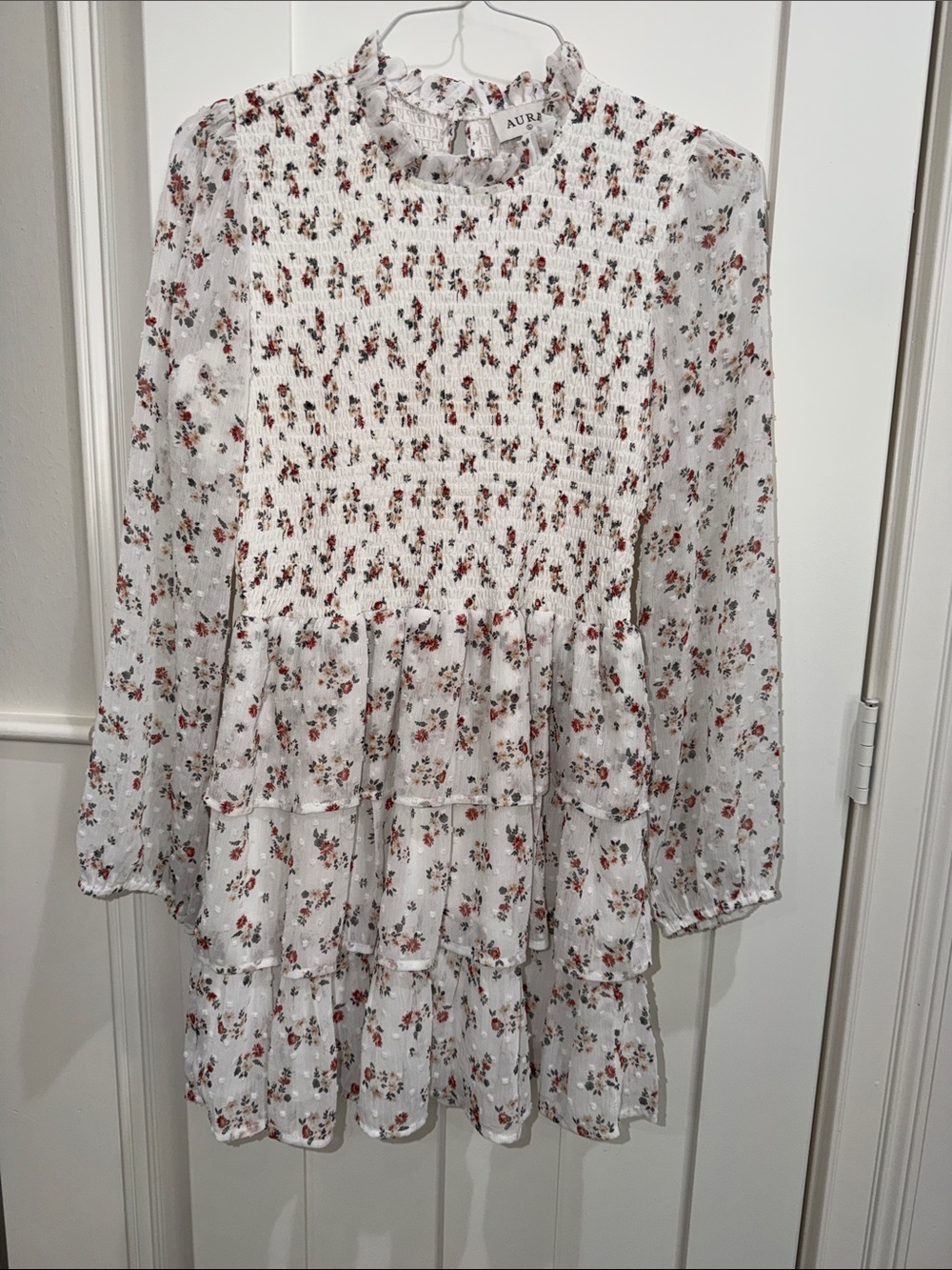 Aura White Floral Tiered Women’s Long-Sleeve Dress with Red and Green Print
